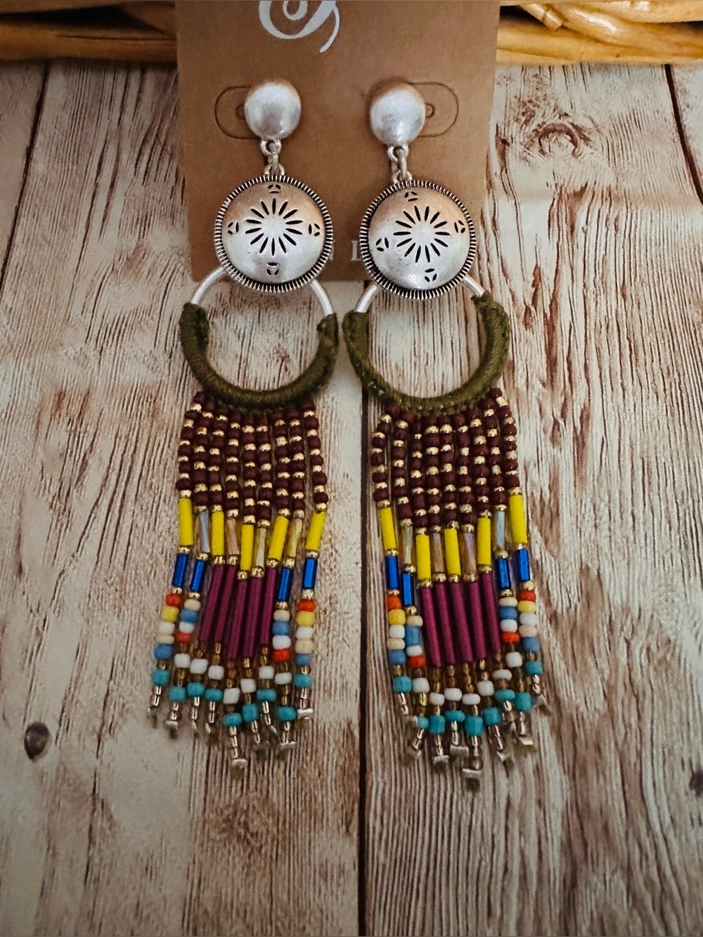 Boho Beaded Fringe Drop Earrings in Olive, Burgundy & Multicolor*Brand New!